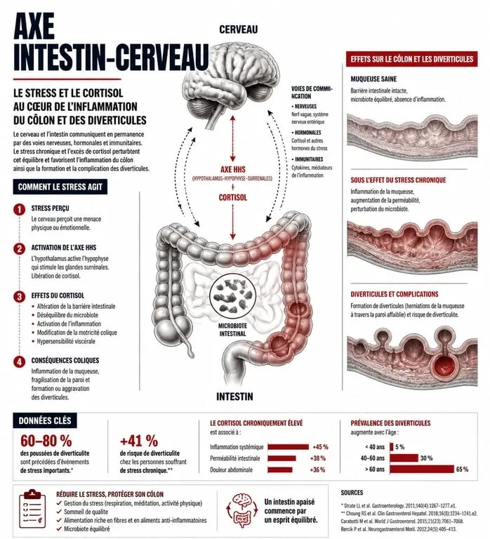 Schéma explicatif de l'axe intestin-cerveau et de l'impact du stress sur la diverticulite et l'inflammation du côlon