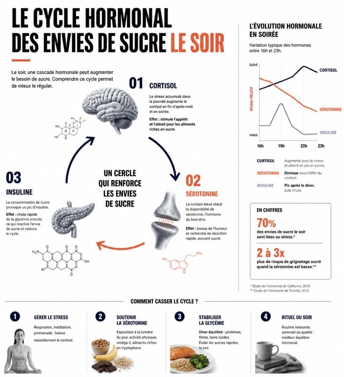 Infographie expliquant les mécanismes hormonaux derrière l'envie de sucre le soir et les fringales nocturnes.