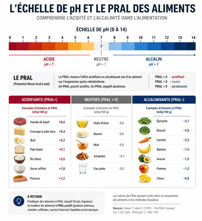 Infographie sur l'équilibre acido-basique et l'indice PRAL des aliments