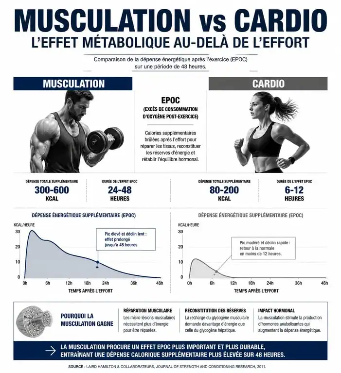 Infographie comparant l'effet métabolique de la musculation et du cardio pour maigrir par la musculation