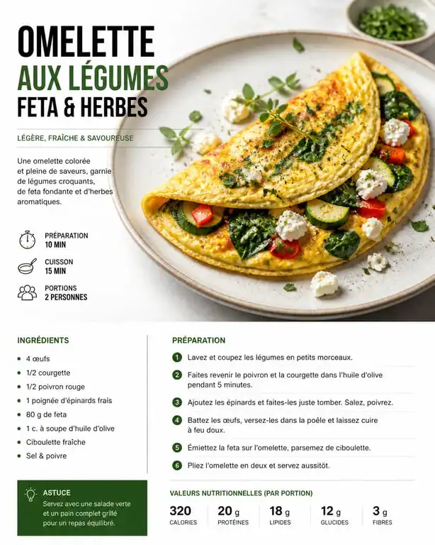 Omelette healthy aux légumes et feta servie dans une assiette