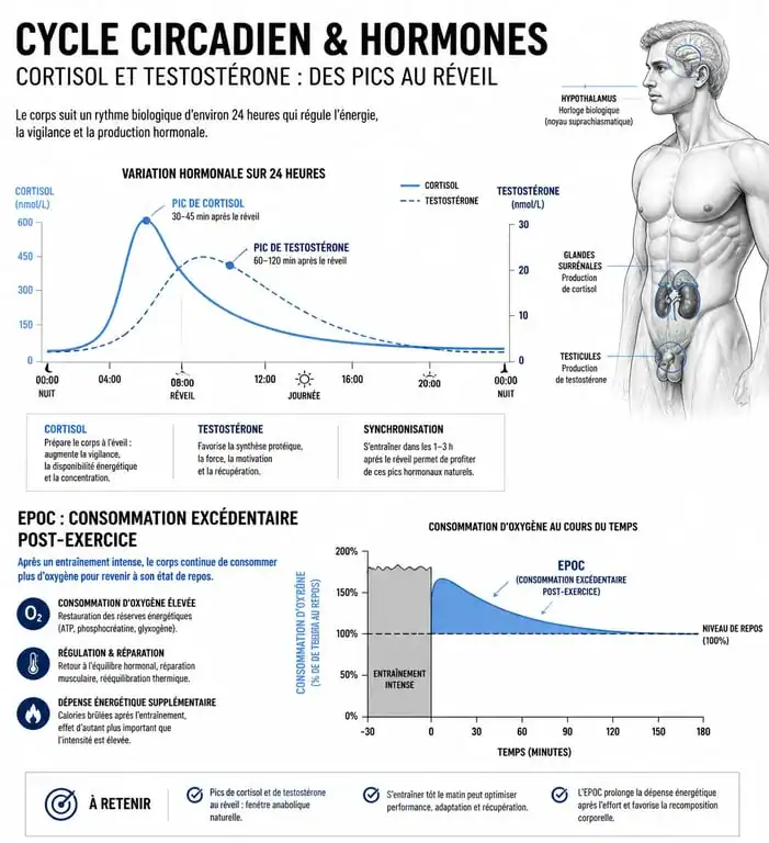 Infographie des effets physiologiques et hormonaux de la musculation le matin