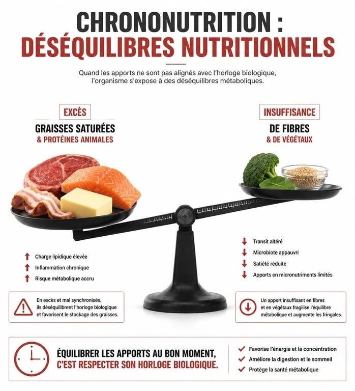 Infographie sur les dangers de la chrononutrition et les déséquilibres nutritionnels