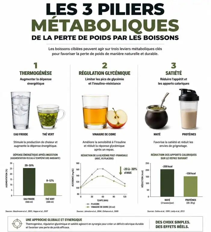 Infographie sur les bienfaits des boissons pour perdre du poids et leur action sur le métabolisme