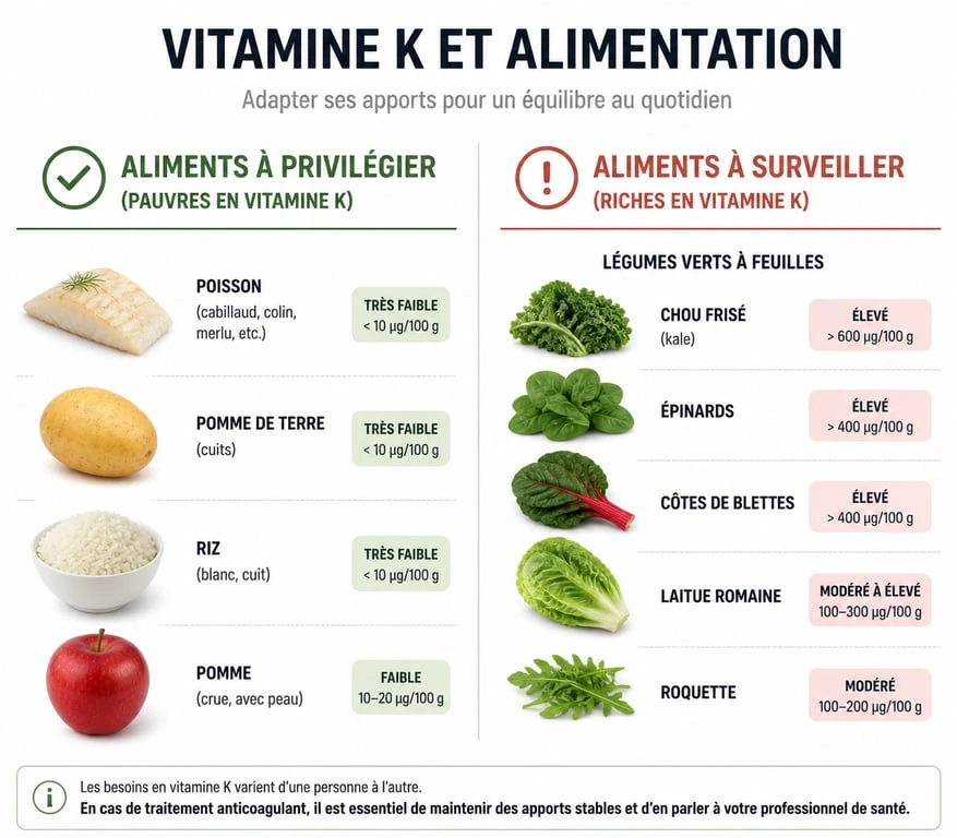 Infographie des aliments pauvres en vitamine K pour patients sous anticoagulants