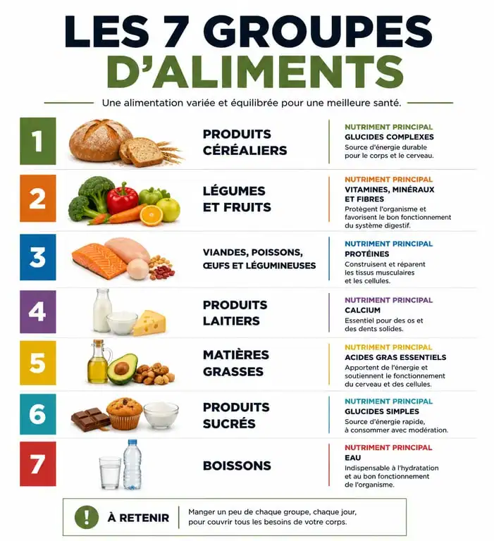 Tableau récapitulatif des 7 groupes d'aliments et leurs apports nutritionnels