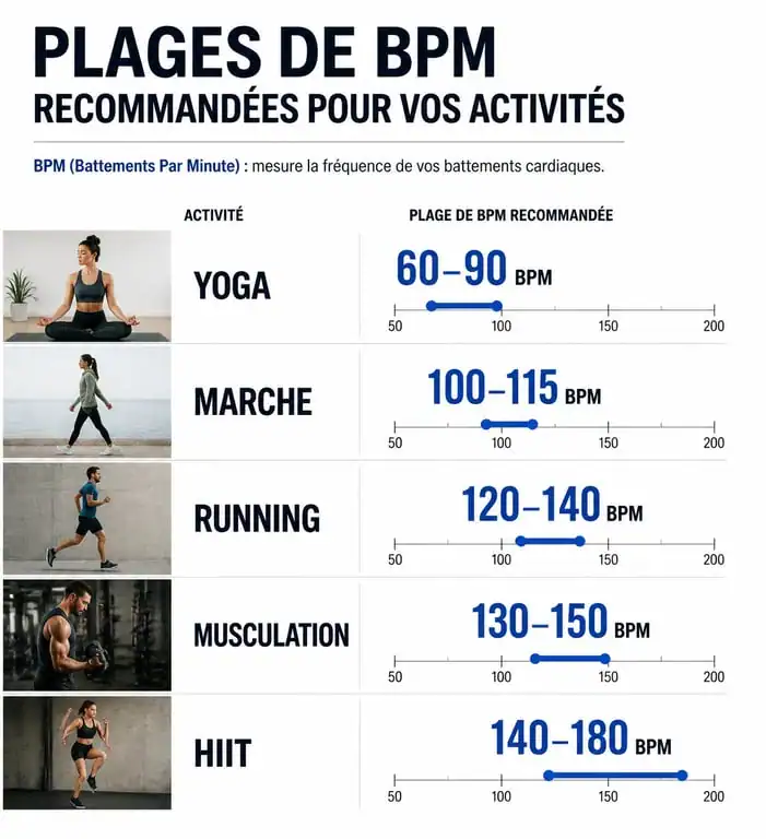 Infographie des plages de BPM recommandées par type d'activité pour optimiser sa musique pour entraînement