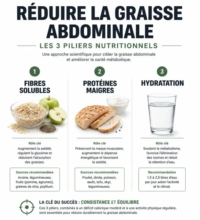 Infographie sur les piliers nutritionnels pour maigrir du ventre alimentation