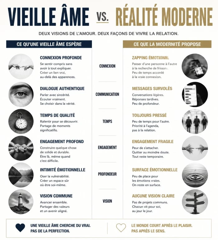 Infographie comparant les attentes des vieilles âmes et la réalité des relations amoureuses modernes
