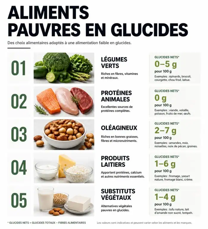 Infographie des catégories d'aliments pauvres en glucides pour un régime low carb