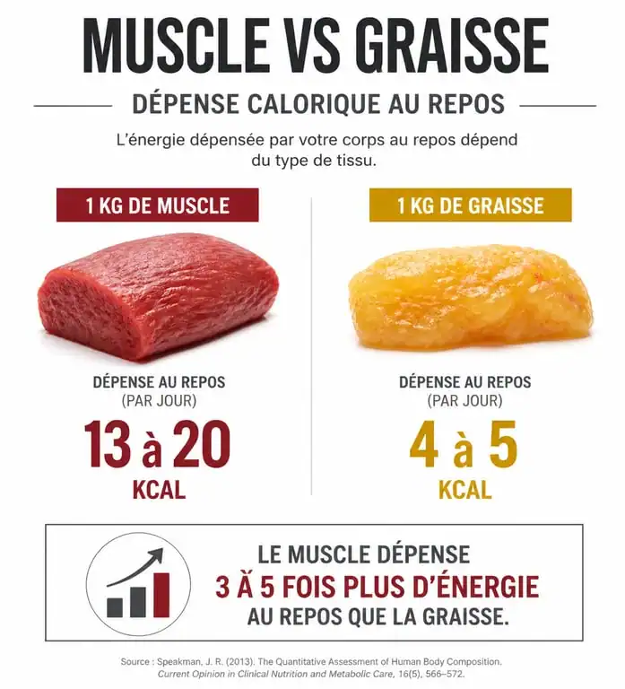 Infographie comparant la dépense calorique au repos entre le muscle et la graisse pour comprendre le lien entre métabolisme et musculation
