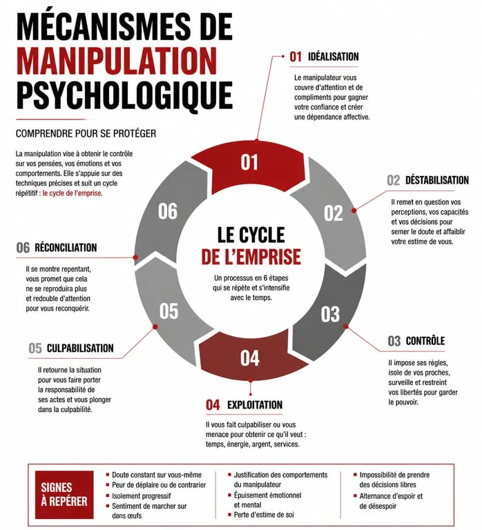 Infographie sur les mécanismes d'emprise et les signes d'une femme perverse narcissique