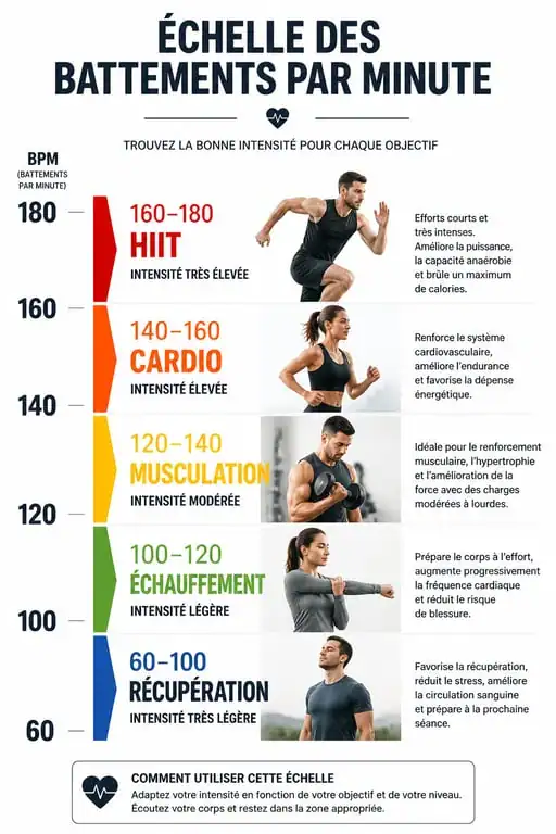 Infographie des plages de BPM recommandées par type d'activité physique pour la musique fitness