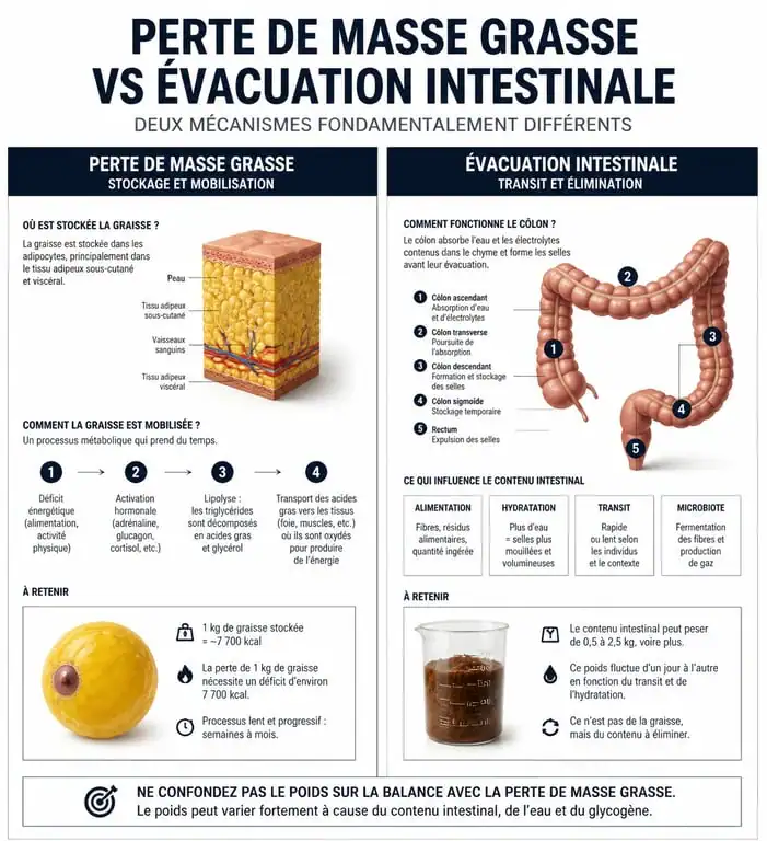 Infographie expliquant la différence entre perte de masse grasse et nettoyage du côlon pour la perte de poids