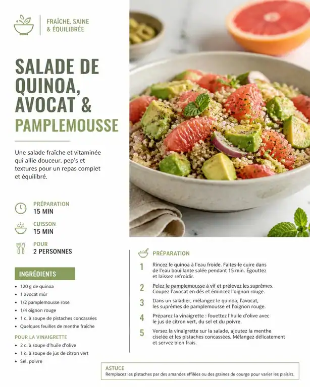 Salade de quinoa, avocat et pamplemousse pour une recette ventre plat