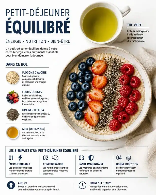 Bol de petit déjeuner équilibré avec flocons d'avoine et fruits frais pour une recette de petit dej équilibré