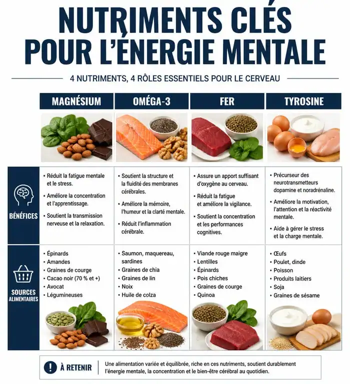 Infographie des nutriments essentiels pour retrouver de l'énergie mentale et leurs sources alimentaires