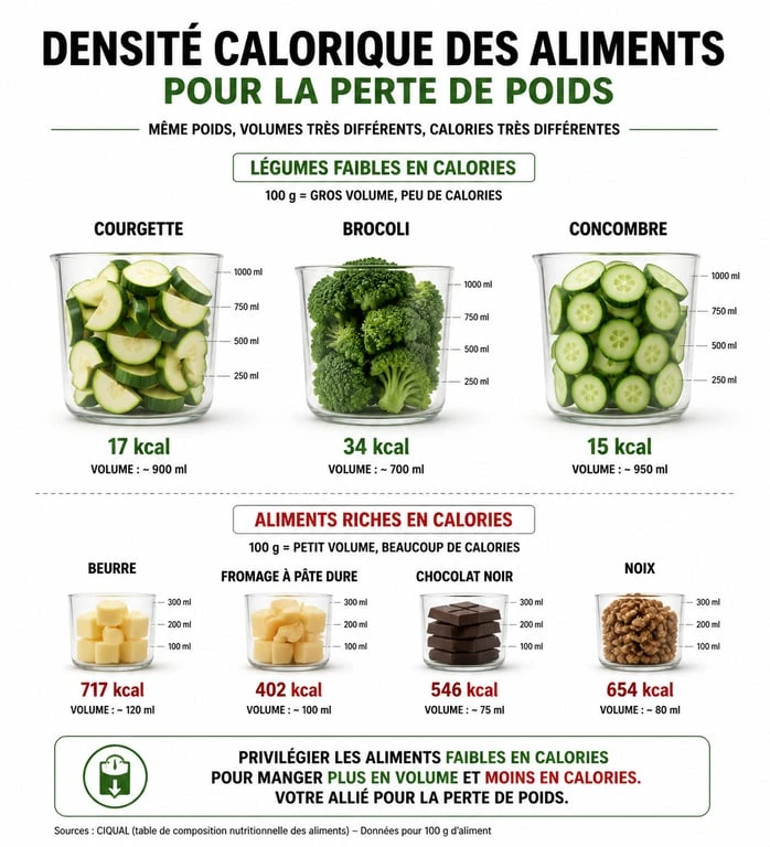 Infographie sur la densité calorique des meilleurs légumes pour maigrir et leur impact sur la satiété