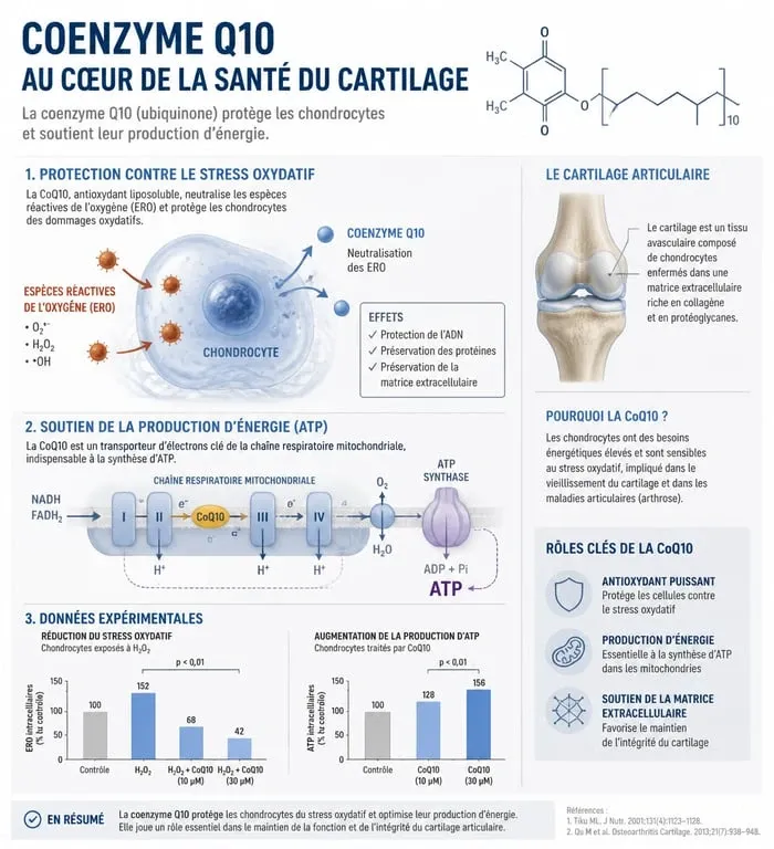 Schéma explicatif des bienfaits de la coenzyme Q10 sur l'arthrose et la protection du cartilage
