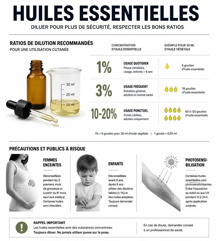Infographie sur les règles de sécurité et les taux de dilution des huiles essentielles