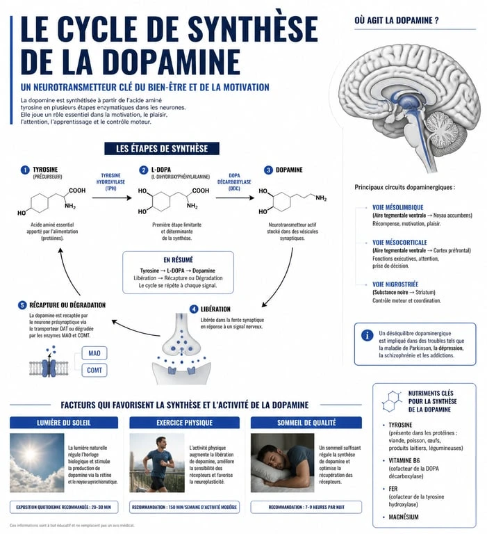 Infographie sur la synthèse de la dopamine et les 10 façons d'augmenter la dopamine dans votre cerveau naturellement