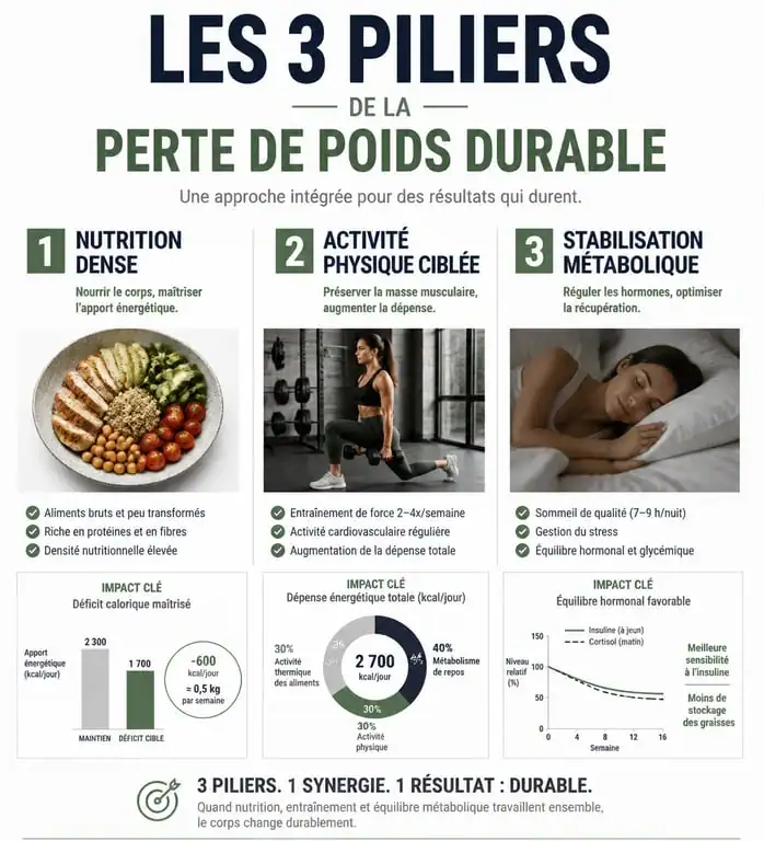 Infographie des trois piliers pour maigrir vite et bien : nutrition, sport et stabilisation