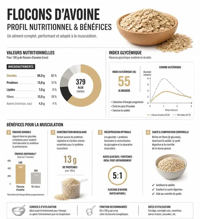 Infographie nutritionnelle des flocons d'avoine pour la musculation et la prise de masse