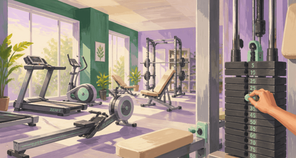 Machines de salle de sport en salle lumineuse