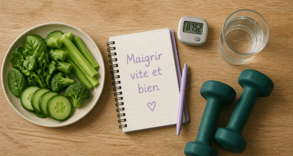 maigrir vite et bien, table avec légumes, carnet et haltères