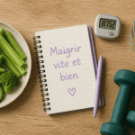 maigrir vite et bien, table avec légumes, carnet et haltères