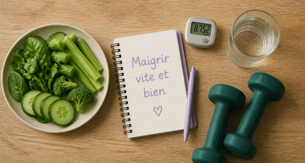 maigrir vite et bien, table avec légumes, carnet et haltères