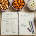 Manger prise de masse, table avec repas et carnet