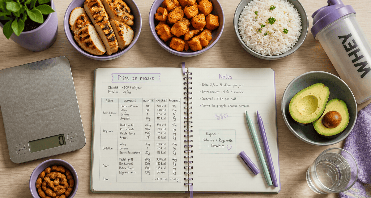 Manger prise de masse, table avec repas et carnet