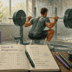 Musculation pour la force, athlète en squat et carnet de suivi