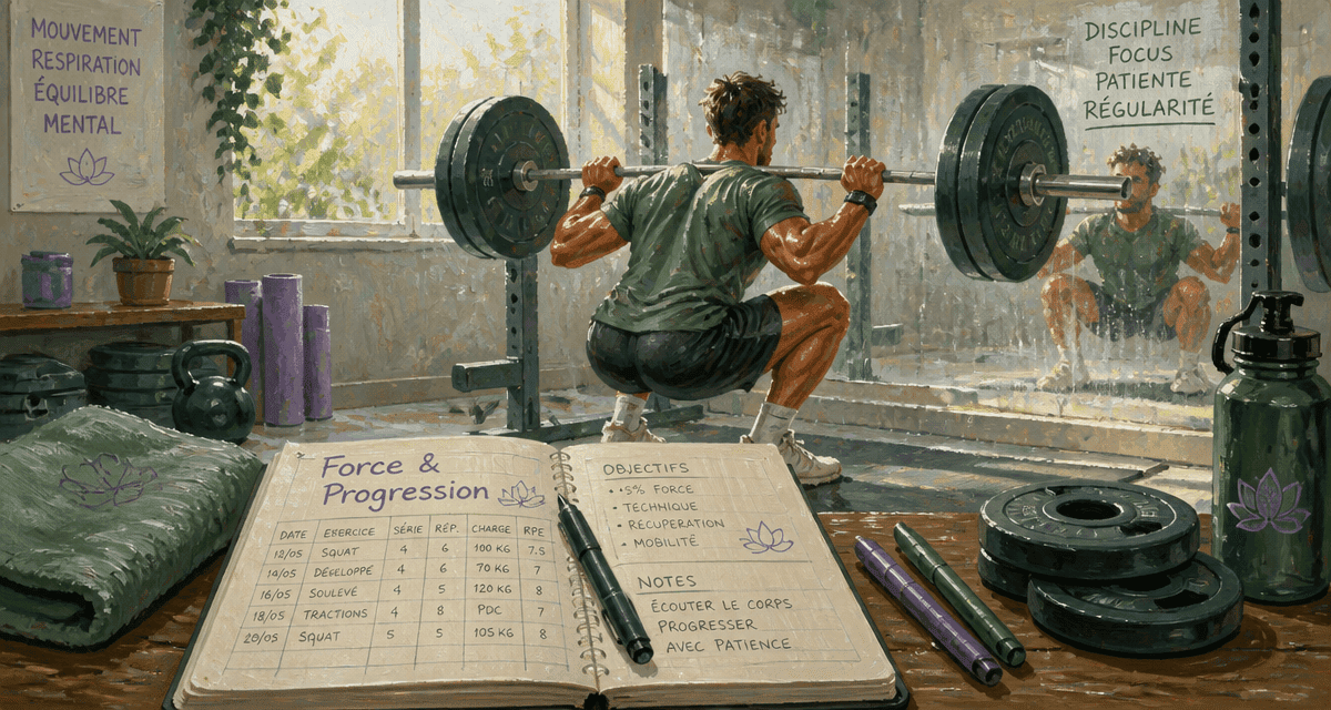 Musculation pour la force, athlète en squat et carnet de suivi