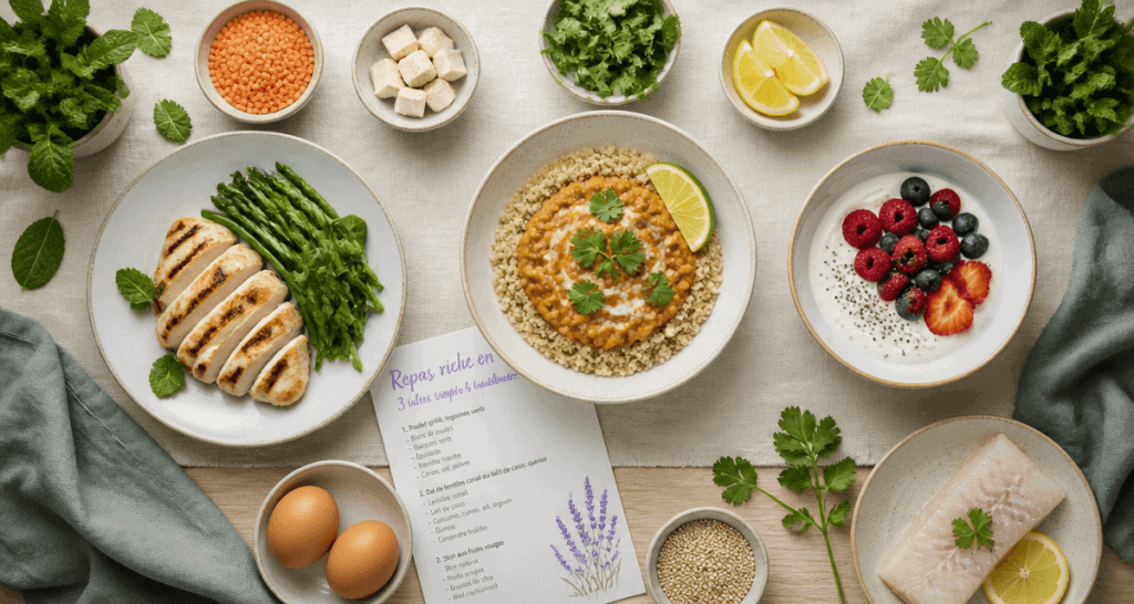 repas riche en proteine vue flat lay