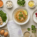 repas riche en proteine vue flat lay