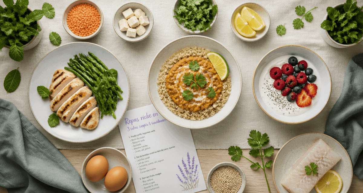 repas riche en proteine vue flat lay