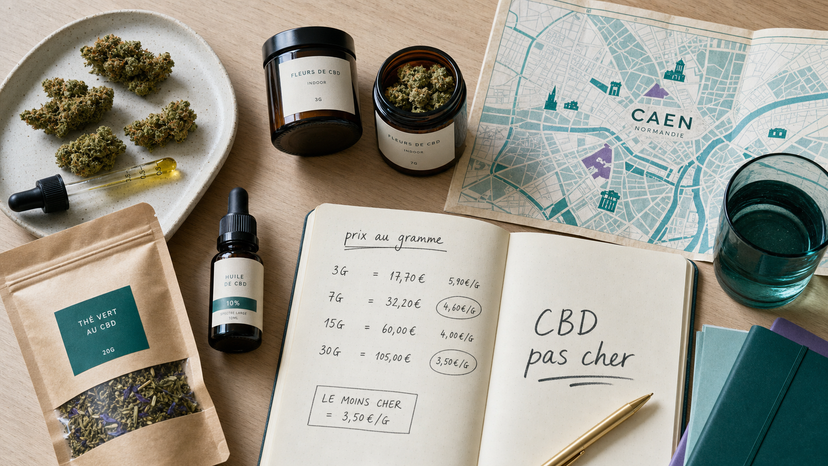 CBD pas cher Caen : produits CBD sur table, calcul prix au gramme