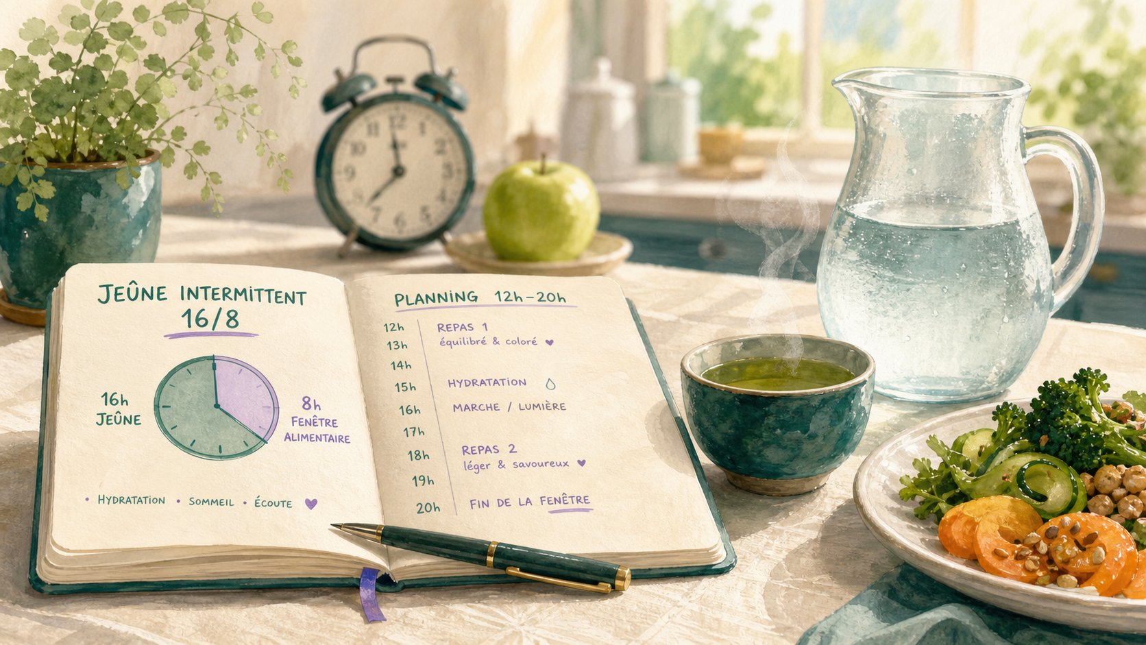 Comment faire le jeune intermittent 16/8 : jeûne 12h–20h, sans fatigue, guide 4 étapes