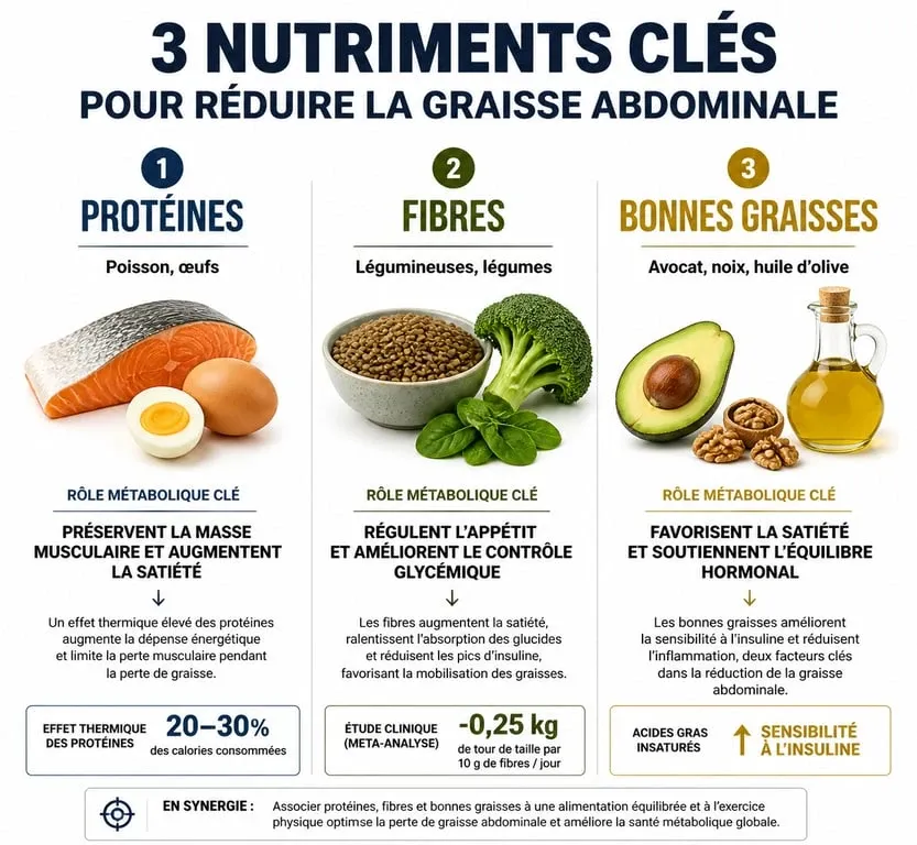 Infographie des aliments pour perdre le ventre : protéines, fibres et bonnes graisses