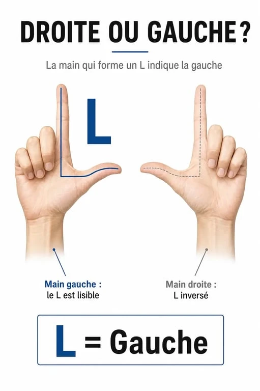 Schéma explicatif de la technique du L pour ne plus confondre droite et gauche
