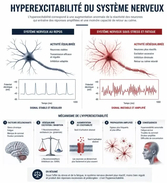 Schéma illustrant le mécanisme physiologique des tremblements intérieurs du corps liés à la fatigue et au stress.