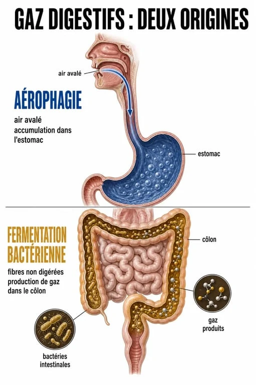 Schéma explicatif des causes des flatulences : aérophagie et fermentation intestinale pour mieux comprendre comment les éviter.