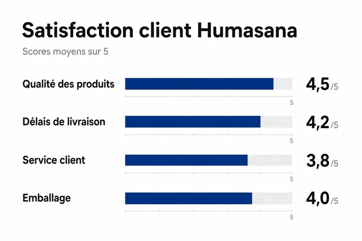 Infographie récapitulative des avis clients Humasana : qualité, livraison et service client