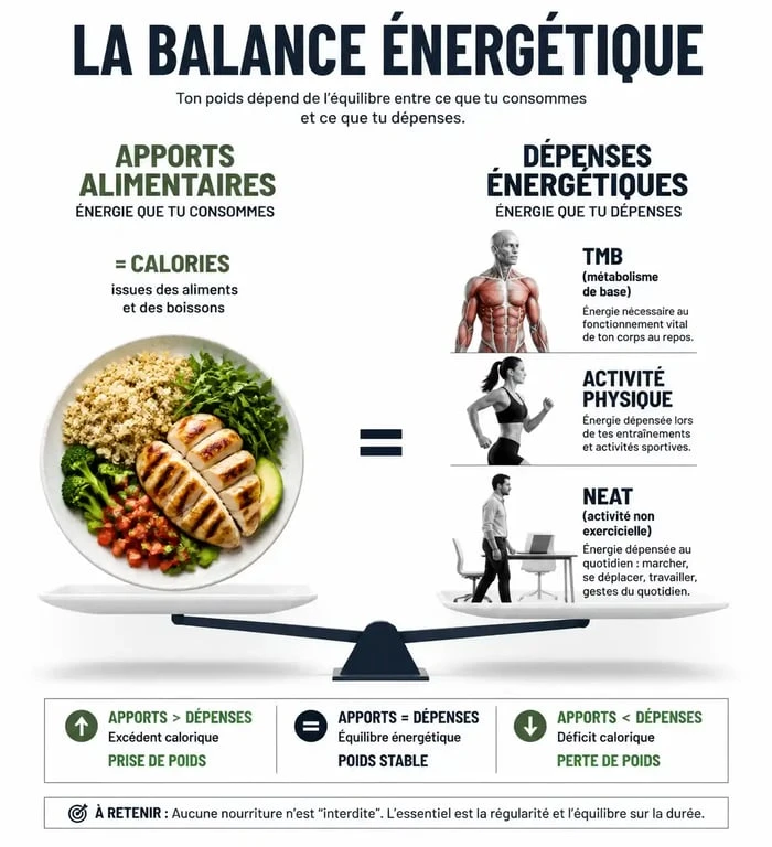 Schéma explicatif du déficit calorique et de la balance énergétique pour la perte de poids