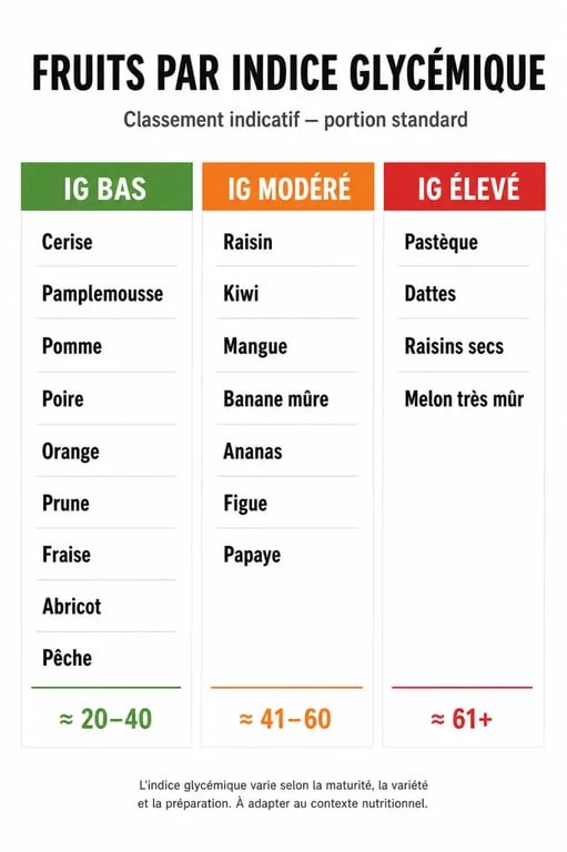 Infographie récapitulative de l'indice glycémique des fruits pour une alimentation équilibrée