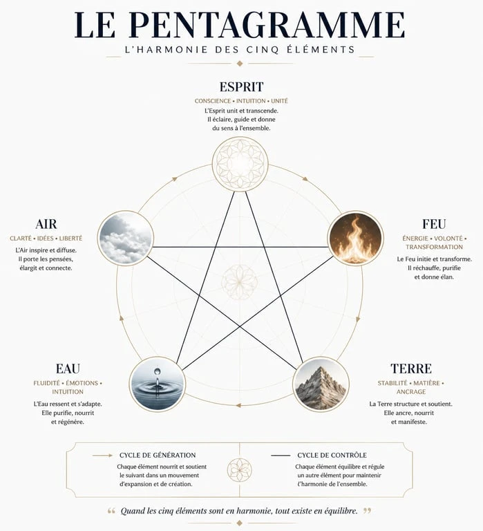 Schéma explicatif de la signification du pentagramme et de ses cinq éléments
