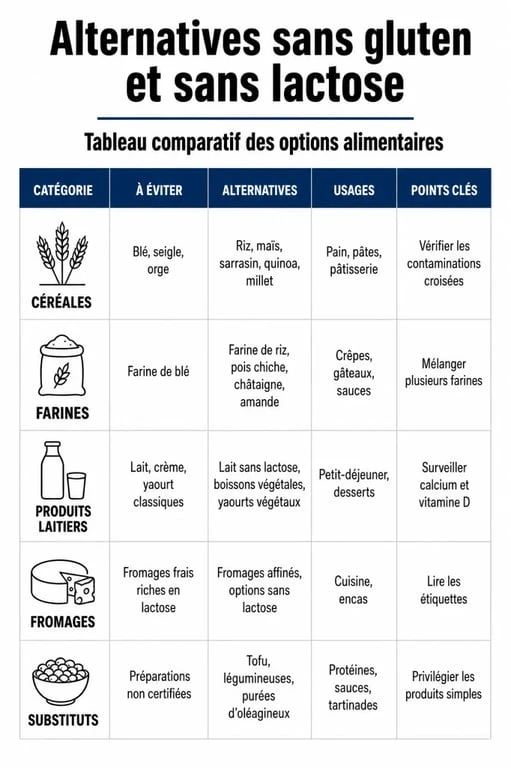 Tableau comparatif des aliments sans gluten et sans lactose pour une alimentation équilibrée
