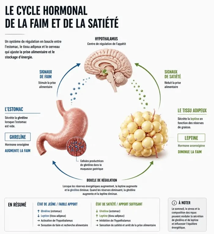 Schéma explicatif des hormones ghréline et leptine dans la sensation de faim permanente à l'estomac